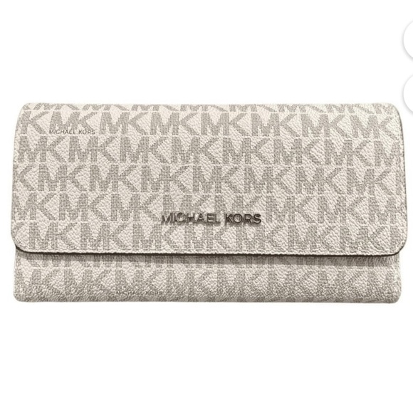 Michael Kors | Bags | Michael Kors Jet Set Logo Trifold Wallet White ...